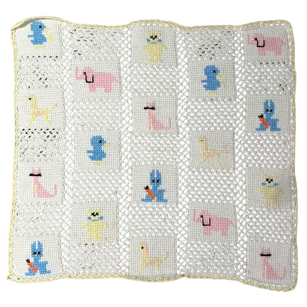 Handmade Crochet Baby Blanket White Afghan Pastel Animal Squares Crib Throw